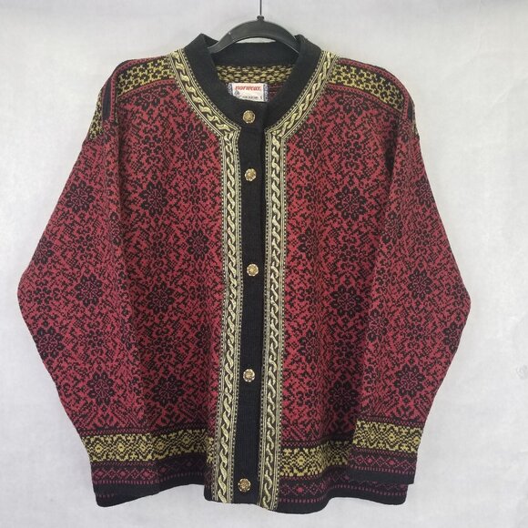 Vintage Norwear Cardigan Womens S Icelandic Red Wool Button Up Nordic Fair Isles - Picture 1 of 16